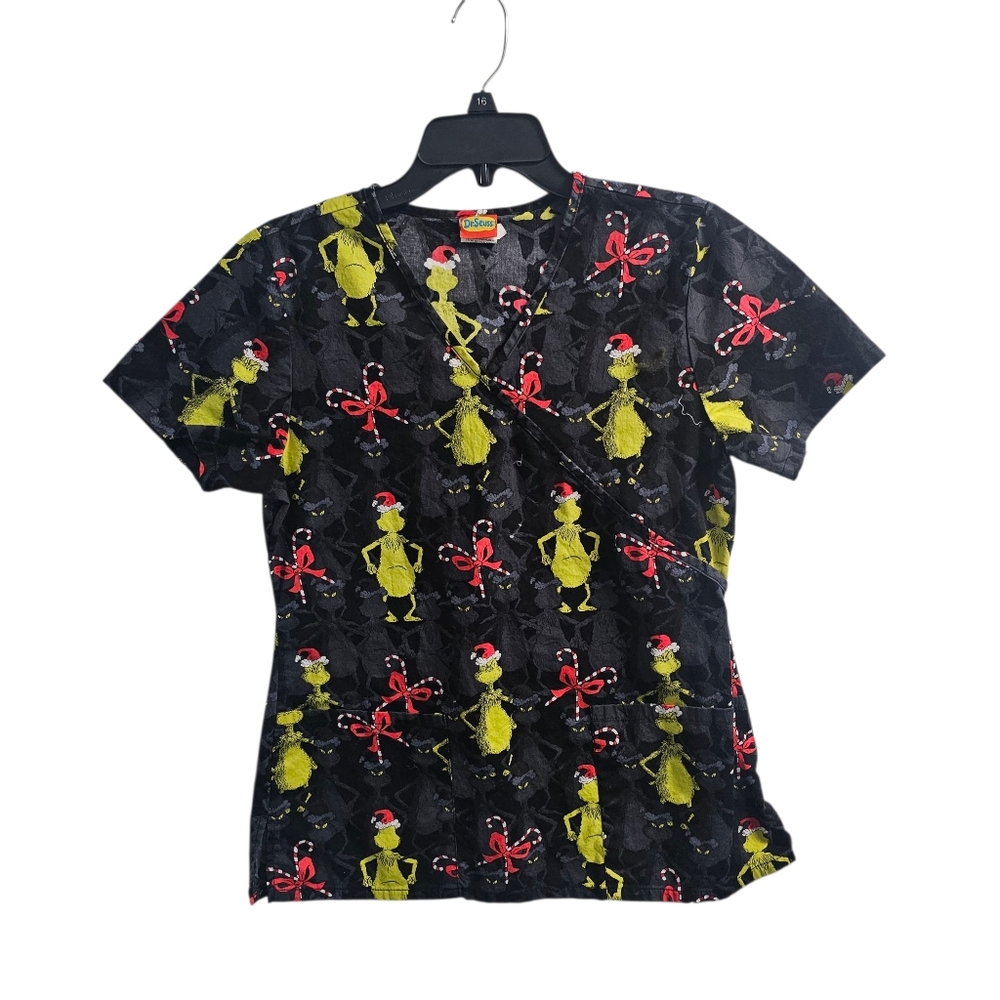 Dr. Seuss The Grinch Christmas Black Green Red Scrub Top Small